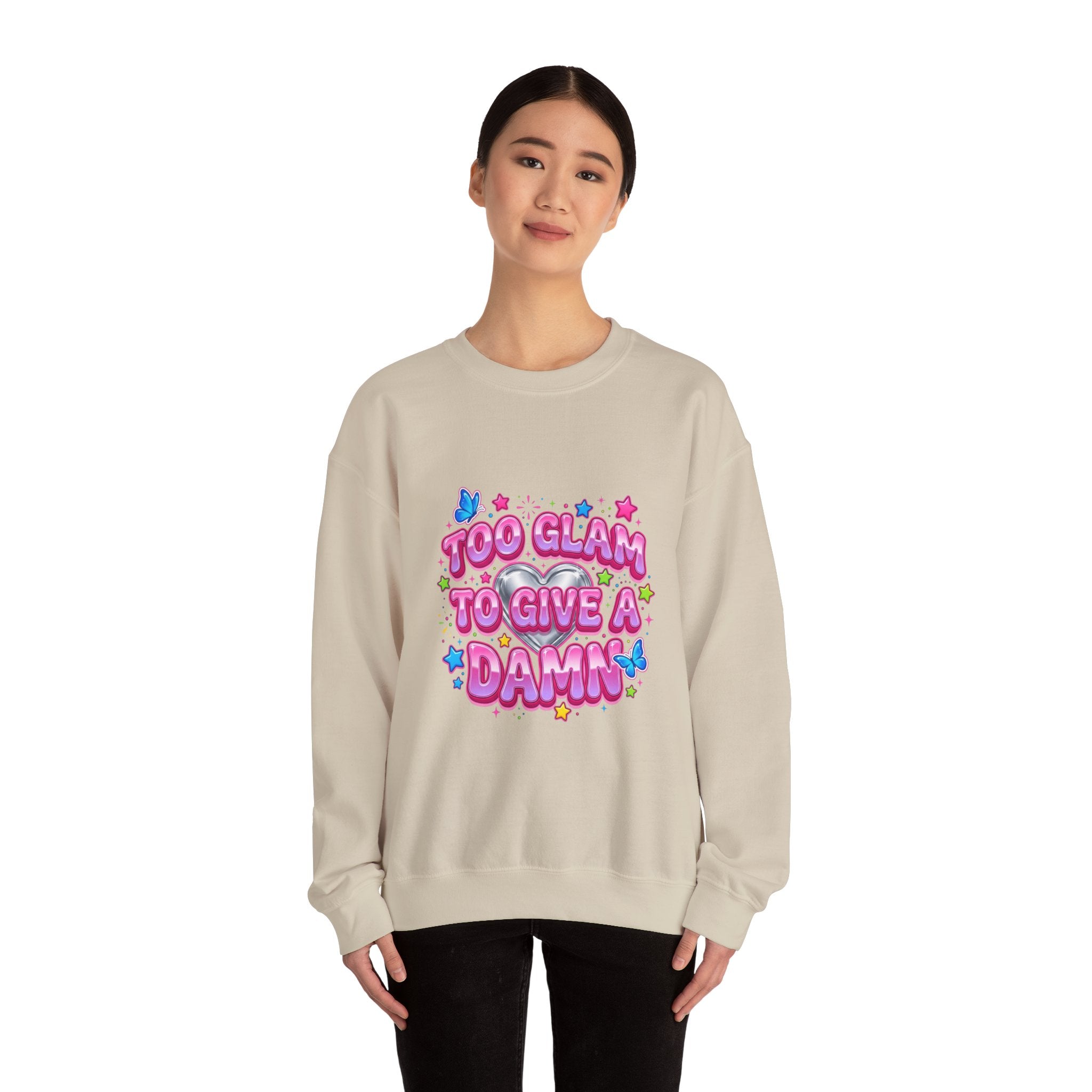 Too Glam to Give a Damn Crewneck Sweatshirt | Y2K aesthetic, 2000s retro